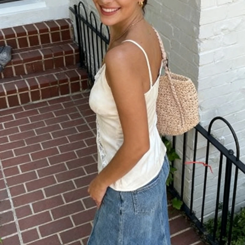 Kamizelka damska Combhasaki z koronkowym wykończeniem, satynowa, na ramiączkach spaghetti, z dekoltem w serek, z siateczki i koronki, top typu camisole w stylu Y2K, zwiewny, idealny na wyjście i do noszenia warstwowo.