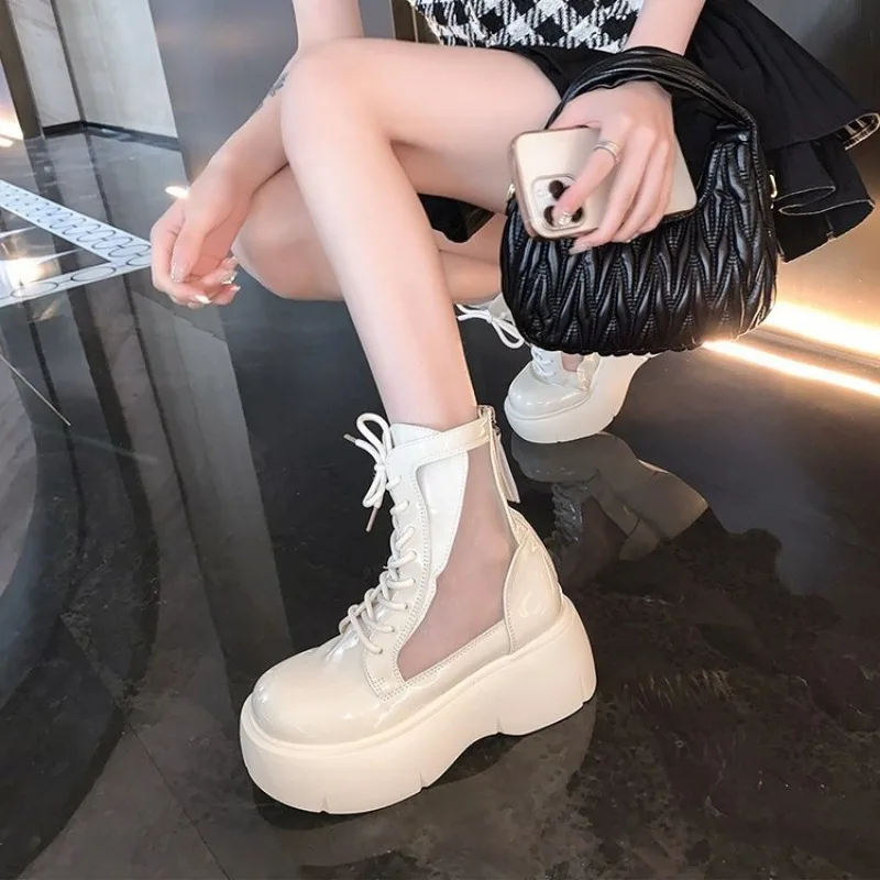 Stivaletti neri Sexy per le donne estate 2024 nuovi stivali con tacco donna pizzo bianco maglia corta Botas mujer moda scarpe di lusso