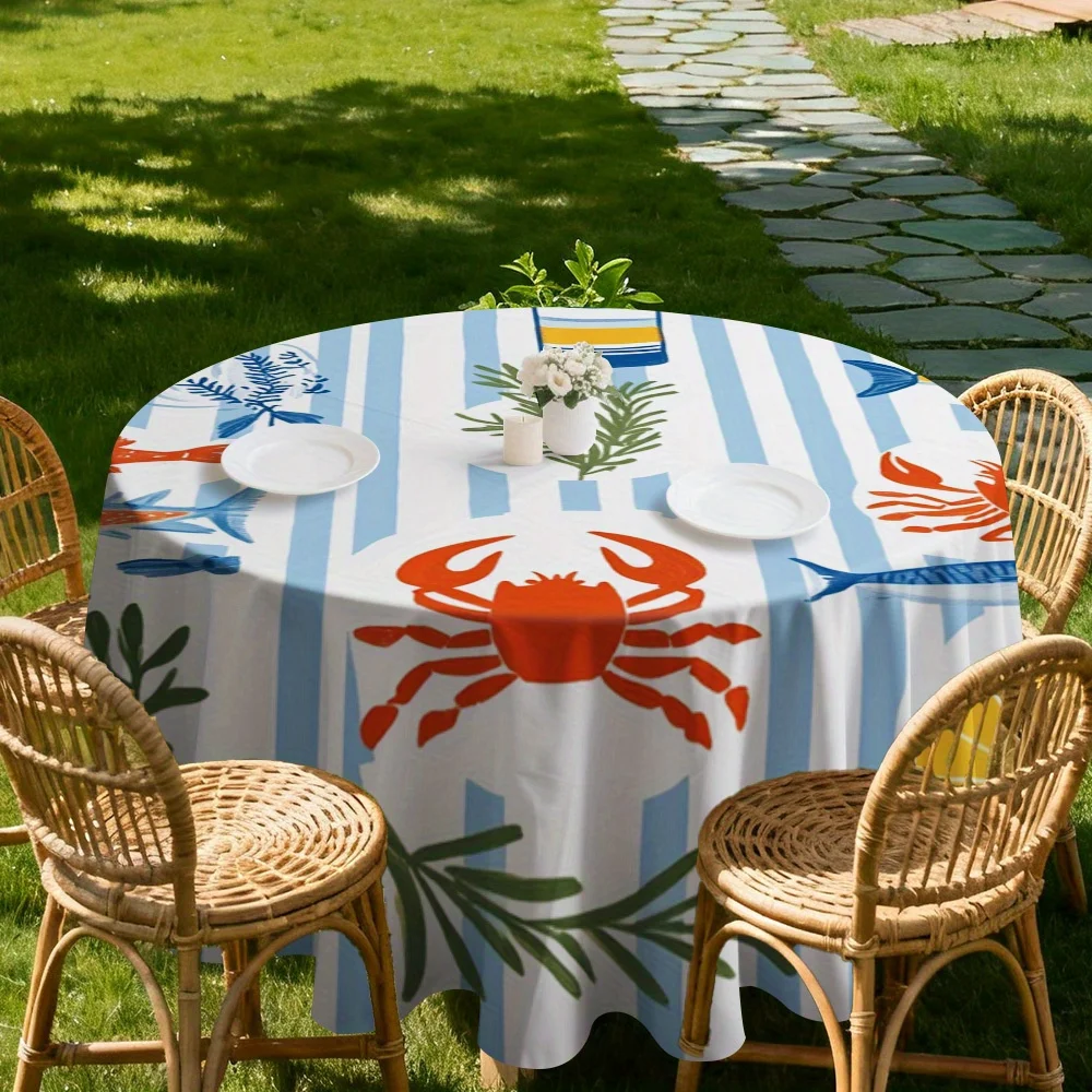 One piece of seafood striped round tablecloth - a round tablecloth with nautical theme, made of durable fabric