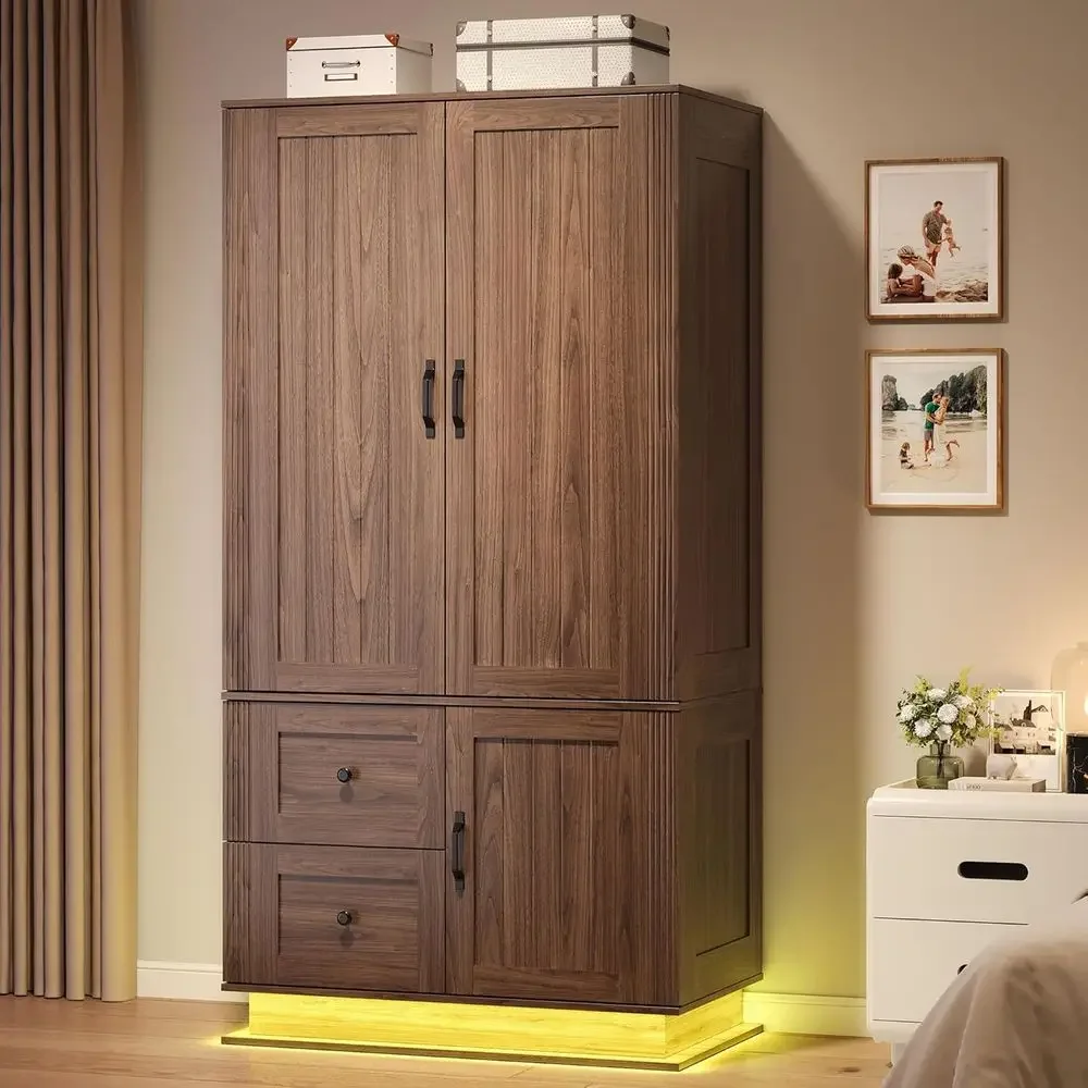 

70 Walnut Wooden Large Wardrobe with LED Lights, Hanging Rod, and Storage Drawers