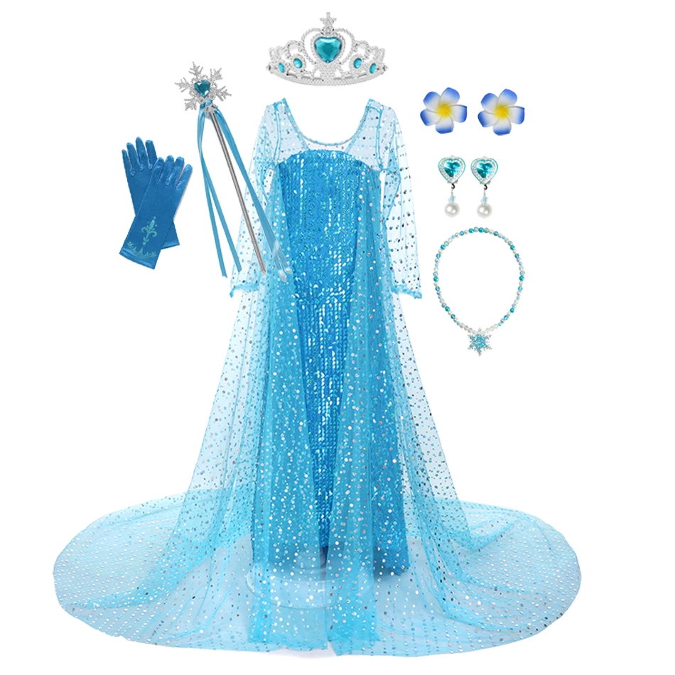 Disney Frozen Girls Elsa Cosplay Princess Dress Sequin Costume Snow Queen Halloween Birthday Party Prom Kids Clothes With Cloak