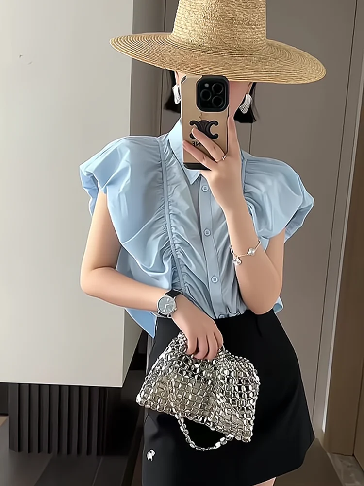 

Ele Bloom Bubble Sve Pleated Slimming Women's irt Summer New Sle Versatile Casual Faion Korean Loose Fit Blouse
