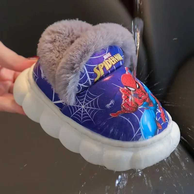 Disney Winter Children Cotton Slippers Kids Cartoon Spider Man Frozen Elsa Non Slip Warm Plush Baby Boys Girls Indoor Home Shoes