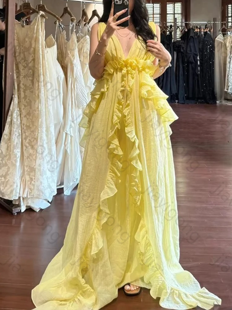 فساتين سهرة أنيقة بدون أكمام على شكل حرف v، فستان طويل مثير للمشاهير، فساتين حفلات رائعة عالية الجودة للنساء حسب الطلب #3