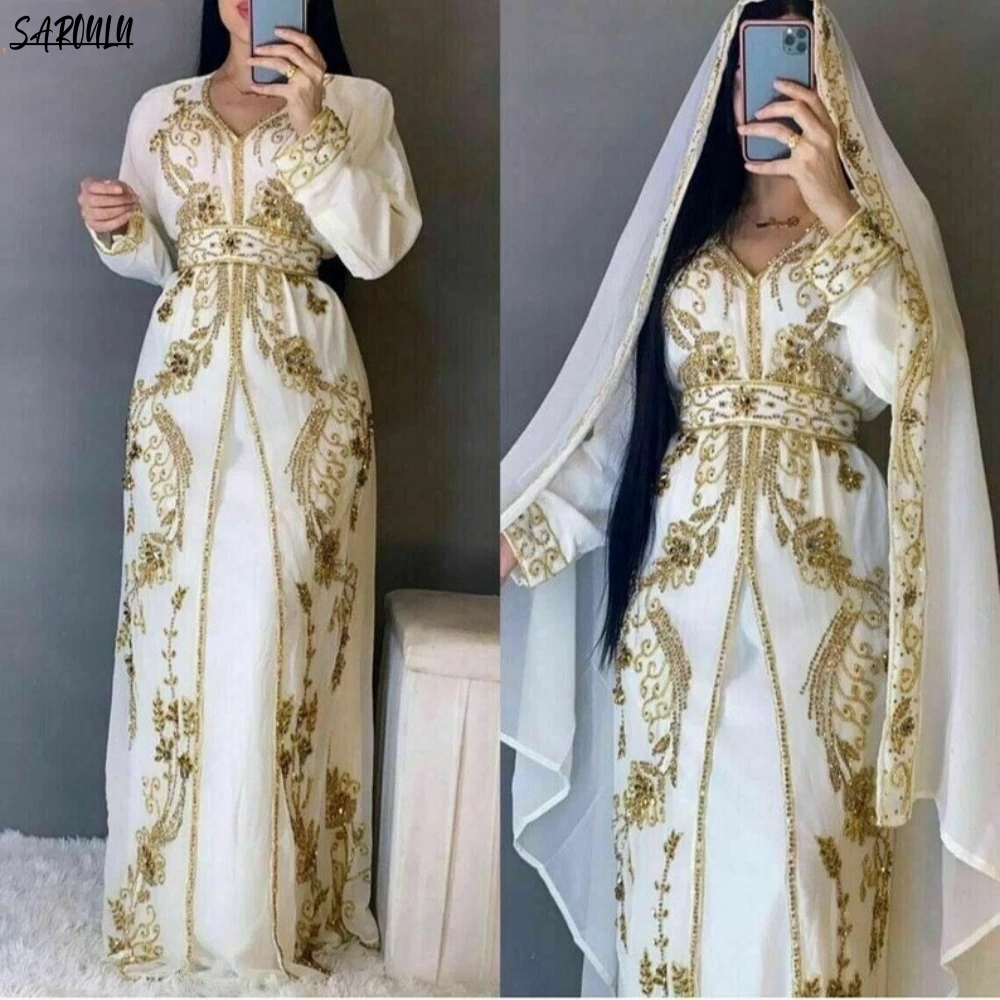 Caftan Long Sleeve Saudi Prom Dress Dubai Moroccan Kaftan Elegant V Neck Evening Dress Arabic Women Customized Plus Size Gown