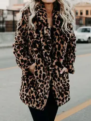 Abrigo largo de piel sintética de leopardo para mujer, chaqueta cálida de felpa, prendas de vestir de invierno, novedad de otoño, 2023