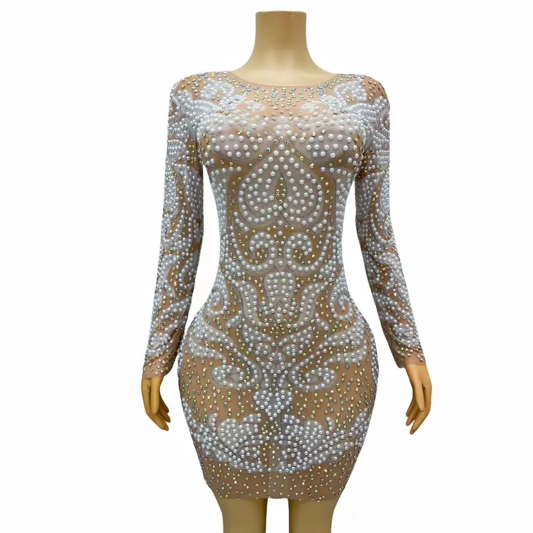 Sparkling Rhinestone Transparent Mesh Women Dress Sexy See Through Tight Fitting Photo Shoot Wear Party Celebration Show Outfit