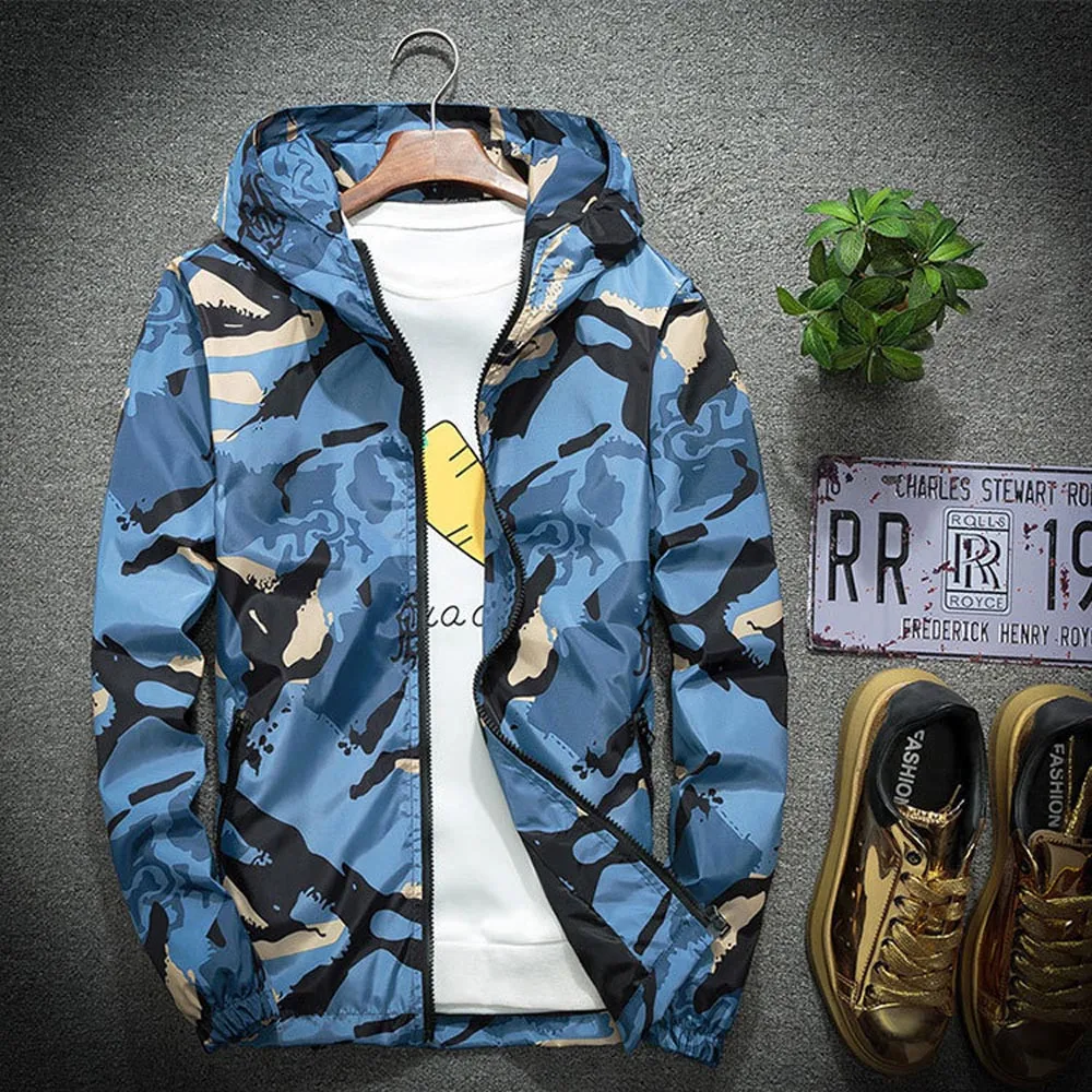 

Windbreaker Jackets For Men Casual Spring Long Sleeved Hooded Camouflage Jacket Mens Streetwear Sportwear Camo Fashion Jacket