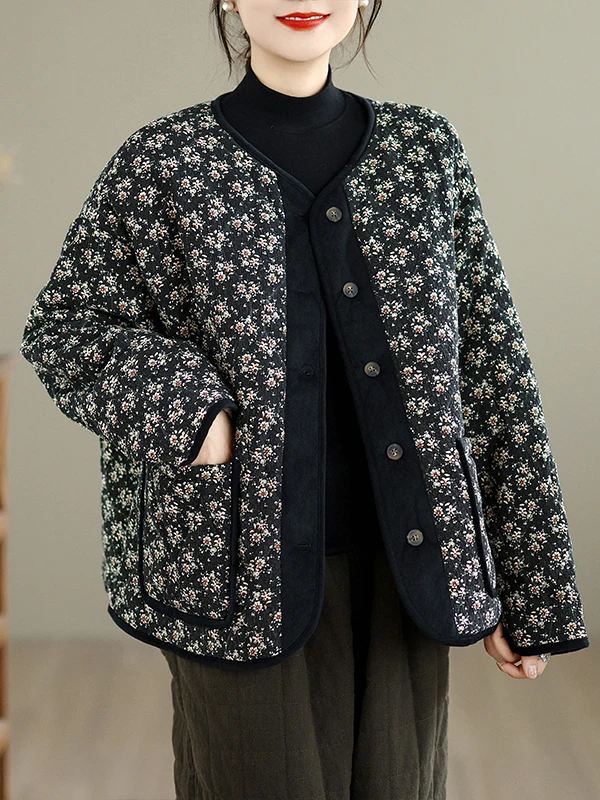 الكورية Sle الأزهار طباعة جولة Ne أسفل القطن Jaet المرأة زائد حجم فضفاض صالح الرجعية Sle معطف الشتاء طويل Sve