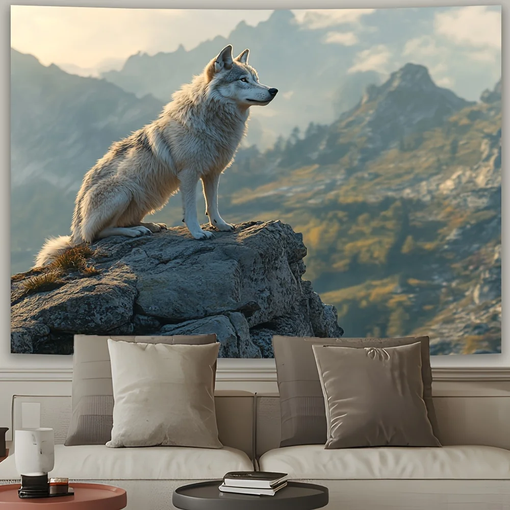 Majestic Wolf on Rocky Cliff Tapestry - Perfect for Adding Nature and Adventure Style to Any Room Decor, Ideal for Home Use