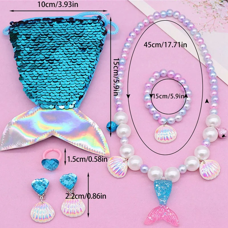 1set Kids Girls Child Pearl Acrylic Shell Shape Mermaid Necklace Bracelet Ring Ear Studs Clips Jewelry Set with Shoulder Bag