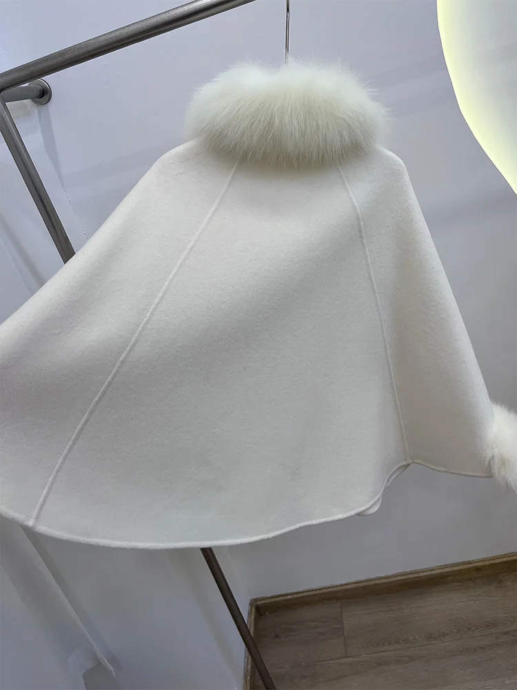 2025 Winter Natürliche Echtpelz Fuchs Pelz Kragen Mantel Kaschmir Wolle Woolen Mantel Frauen Jacke Luxus Outwear Schal Weiblichen Mantel