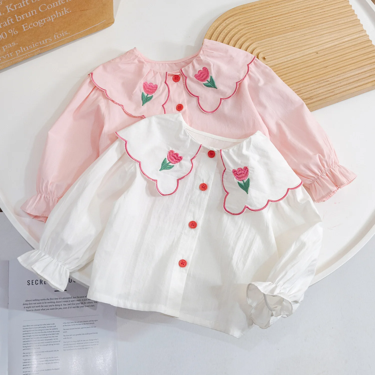 

Cute White Long Sleeve Girls Shirts Embroiedry Flower Casual Blouses Korean Style Spring Sweet Girl Bottoming Shirt