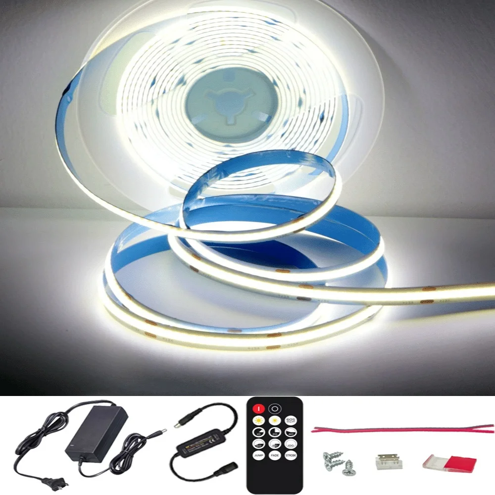 ETL Listed 24V 50ft/15m COB LED Strip Light 3000K/4000K/6500K Dimmable with RF Remote for Bedroom Cabinet(Power Supply Included)