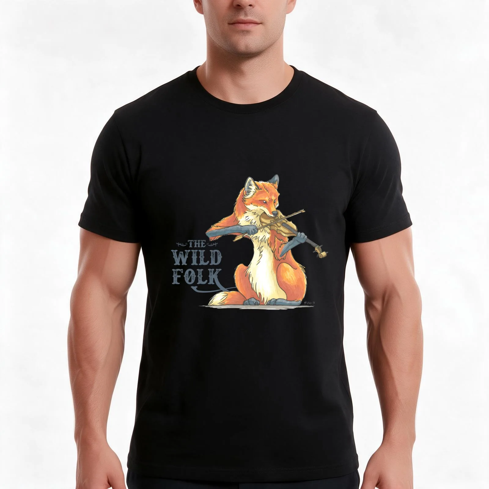 The Wild Folk - Fox on Fiddle T-Shirt, Summer Casual Cotton Tee, Oversized Streetwear Tops, Vintage Graphic Print, 100% Cotton