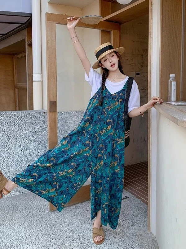 Dopamine Floral Print Wide Leg Pants Women's Summer New Style Ageless Strap Pants Korean Loose Trousers Skirt High Waist Button