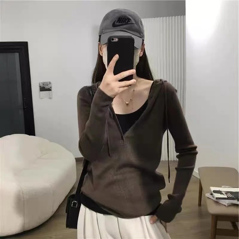 2023 New Women's Pullover Hooded Cashmere Sweater Spring and Autumn V-neck Lazy Style Versatile Fashion Cashmere Solid Color Pul