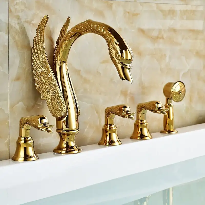 Golden Swan Bathtub Shower Faucet Set Wall Mounted Bathtub Brass Faucet Gold Waterfall Deck Mount Bathroom Faucet