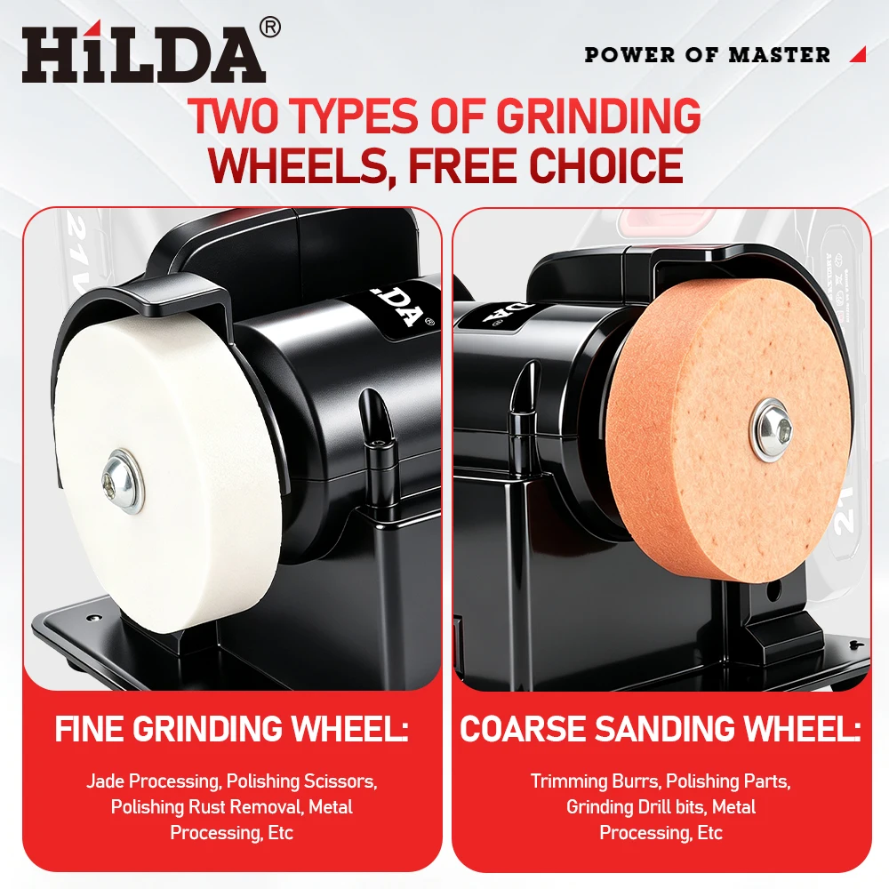HILDA Electric Bench Grinder Double Grinder Machine Cordless Dual Wheel Metal Stone Knife Polishing Grinding For Makita Battery