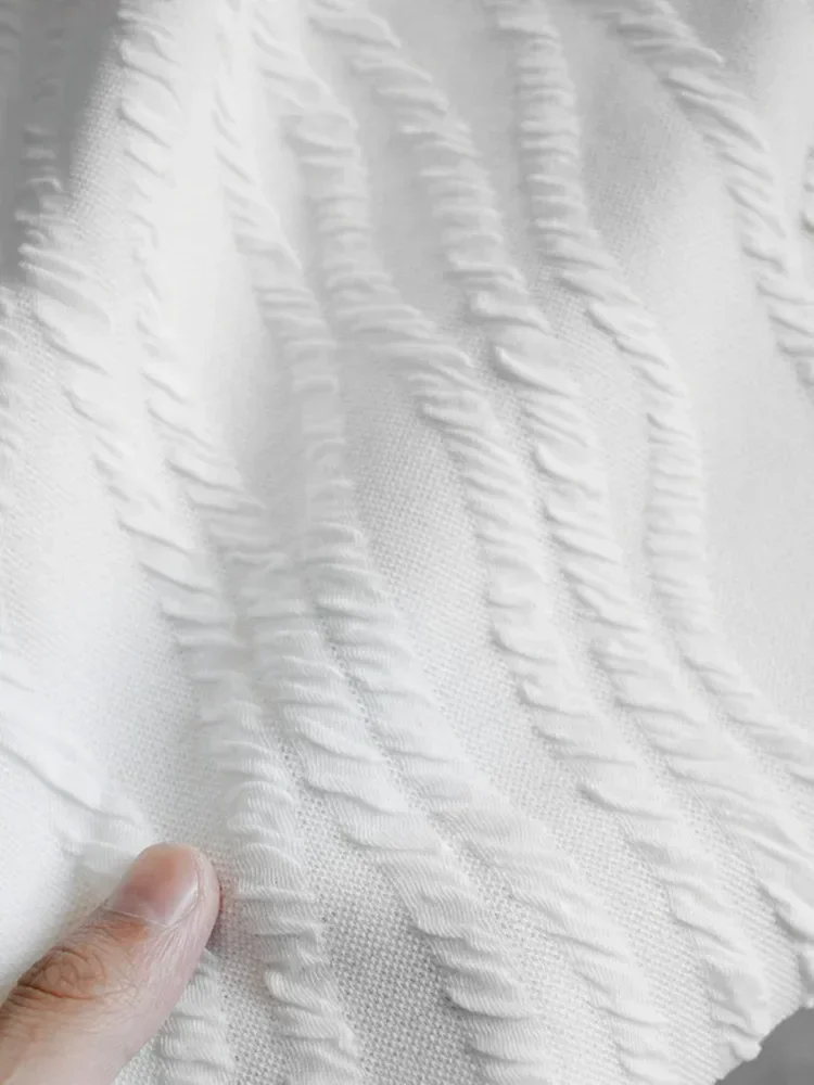 

Белая полосатая жаккардовая ткань, эластичная однотонная трикотажная ткань, креативный дизайнерский плиссированный материал, ткань для рукоделия, продается на метры