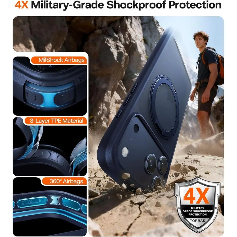 Verbeterde 360 magnetische standaard voor iPhone 17 Pro Max hoesje, geschikt voor MagSafe met ring, 4X Mil-grade bescherming, camerabediening, Tran