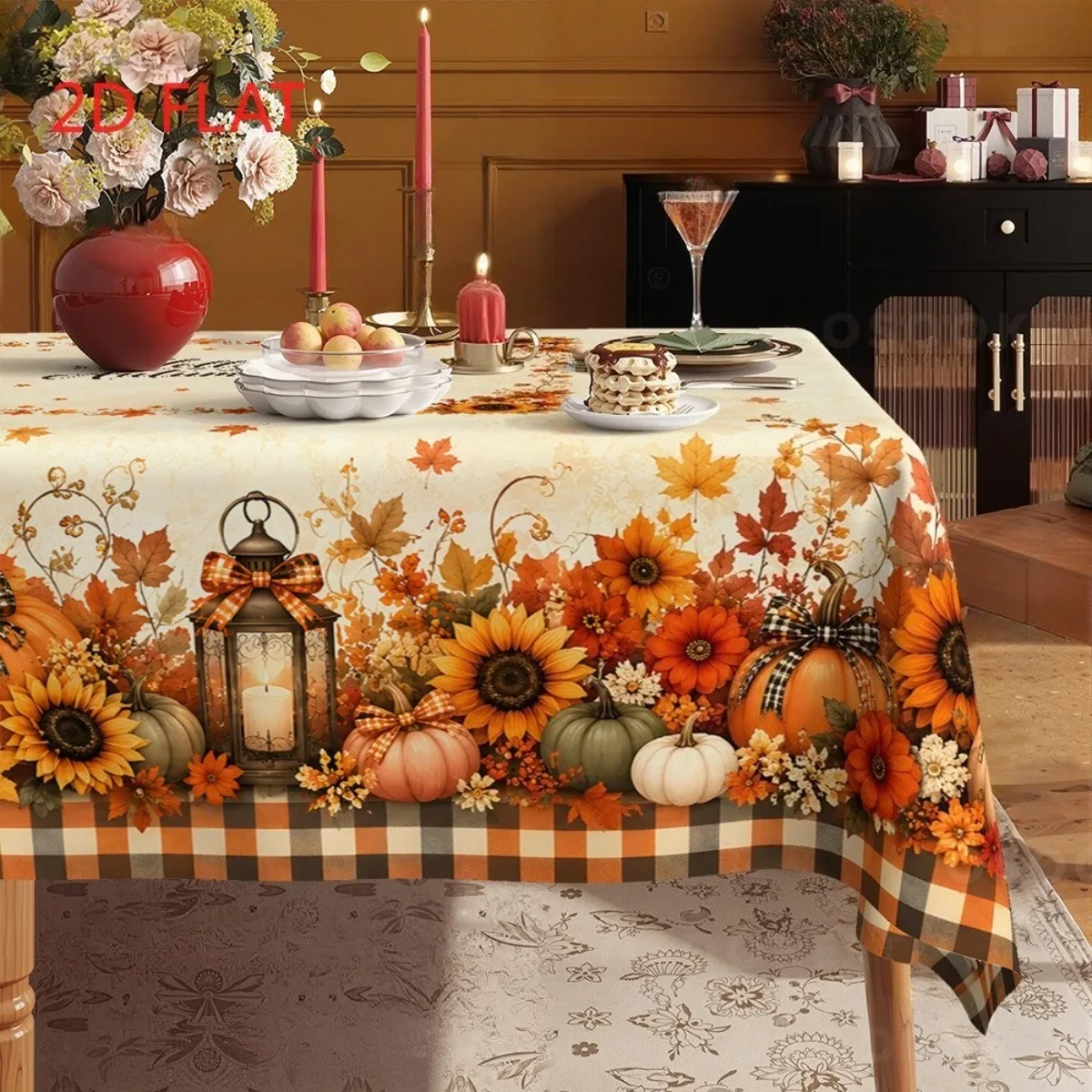 Tablecloth 1 piece 2d flat with a pattern of vintage lanterns featuring polka dots, pumpkins, sunflowers and maple leaves.zyc