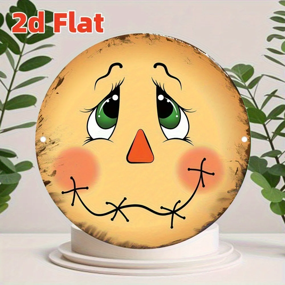 2D Flat, 1pc 2D Flat Print 7.87x7.87inch Metal Iron Sign Vintage-Style Scarecrow Face Wreath Sign with Green Eyes – 2D Flat, Wal