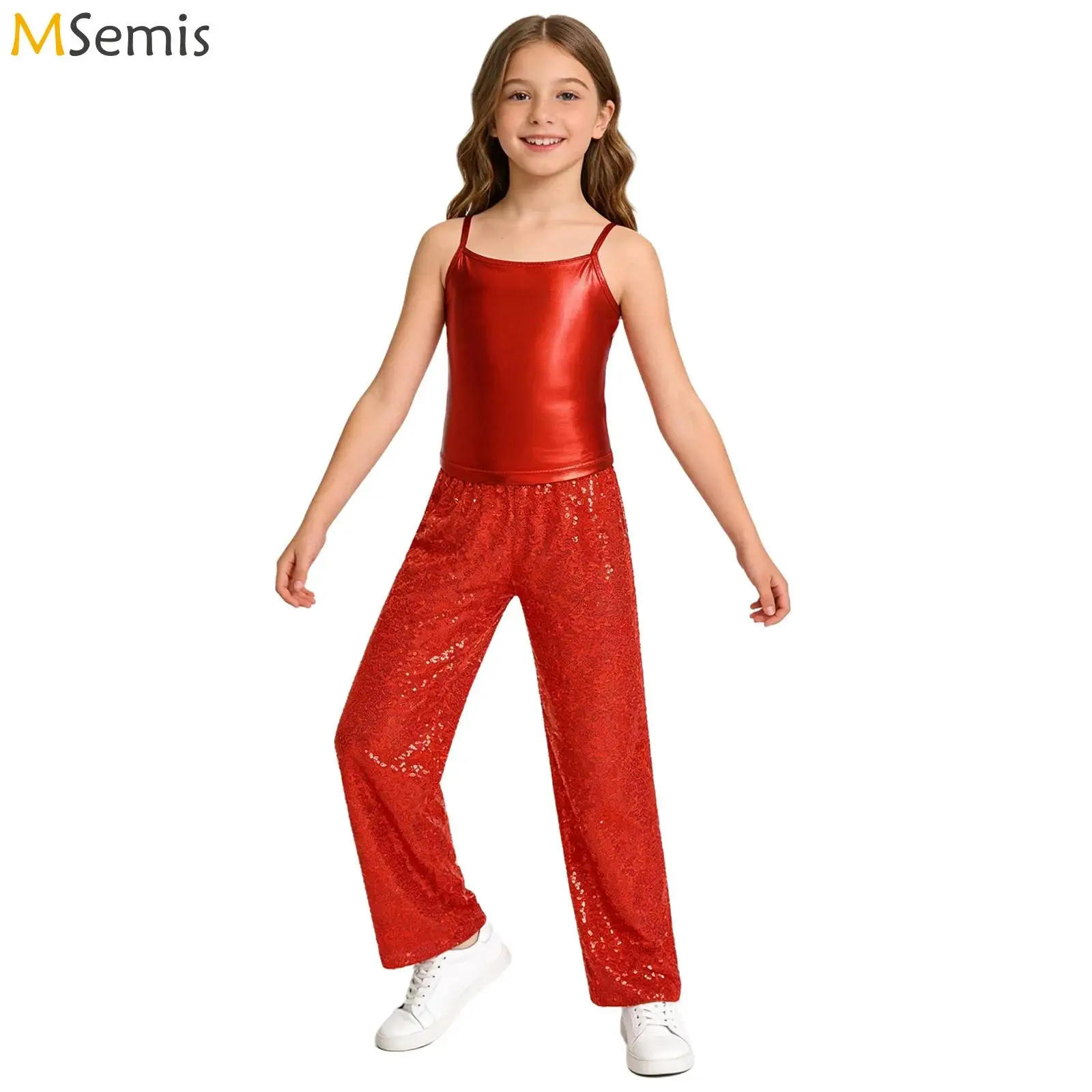 

Kids Girls Hip Hop Jazz Dance Performance Costume Metallic Camisole with Elastic Waistband Sparkling Sequin Pants Trousers