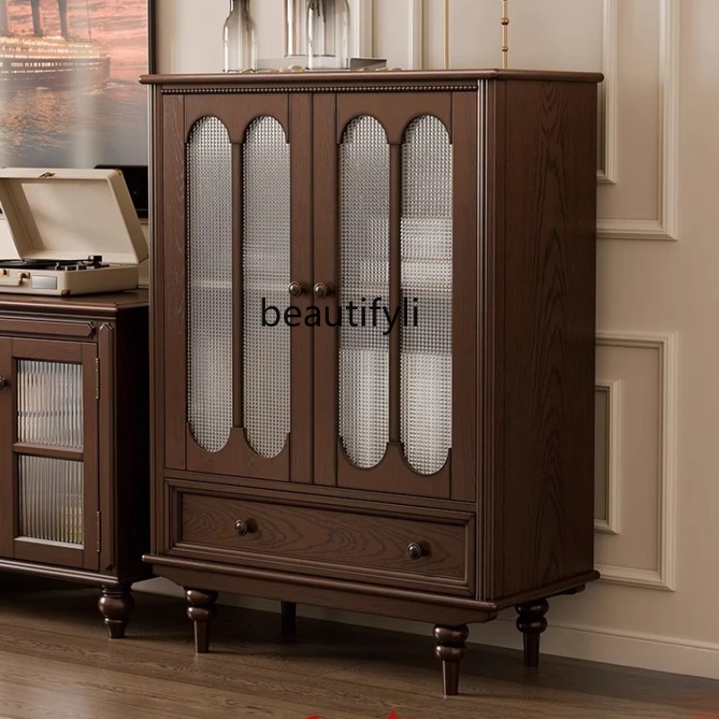 

American retro solid wood wine cabinet, living room against the wall display rack, small household glass medium antique storage
