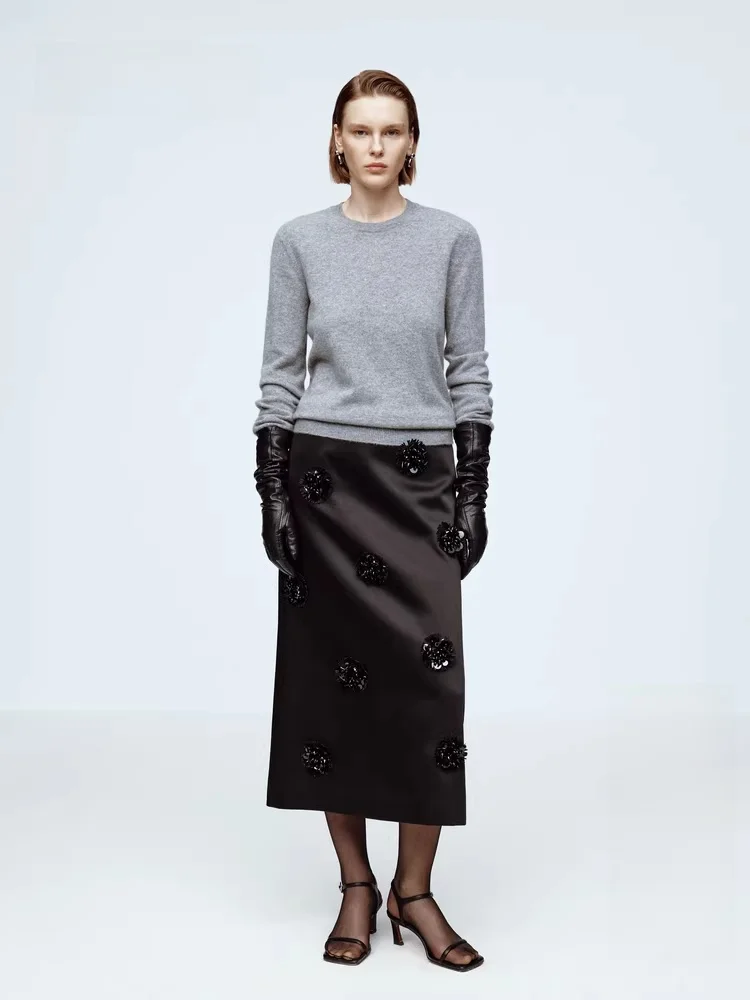 

Elite Wardrobe Series Winter New Flower Bead f Skirt EBD4SKT03 Commute Sle mid Waist Polyester Blend H-ape Midi Skirt