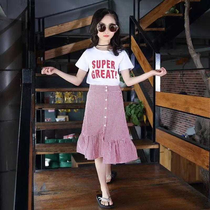 2026 Summer Clothes Kids Girls Fashion Outfit Children Cotton short Letter T shirt + Split Plaid Skirts 4 - 12 Years