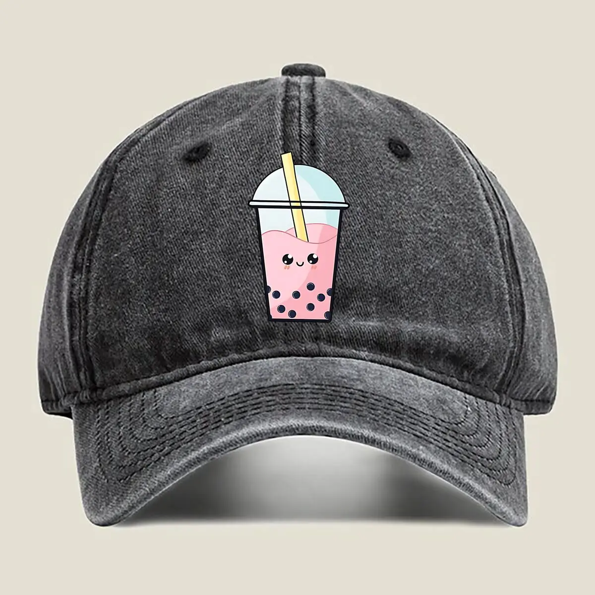 

Cute Bubble Tea Adorable Drink Character with Straw Washed Baseball Cap