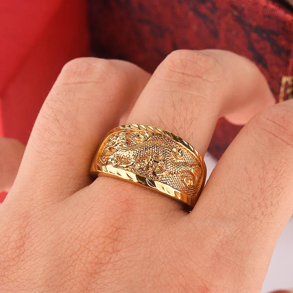 S925 Sterling Silver Yellow Gold Tone Dragon Phoenix Opening Couple Rings Temperament Generous Wedding Jewelry For Men And Women