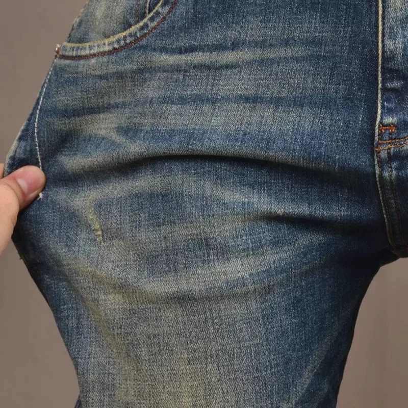 Autumn Vintage Blue Jeans Men Streetwear Casual Slim Fit Straight Pants Retro Scratched Denim Trousers