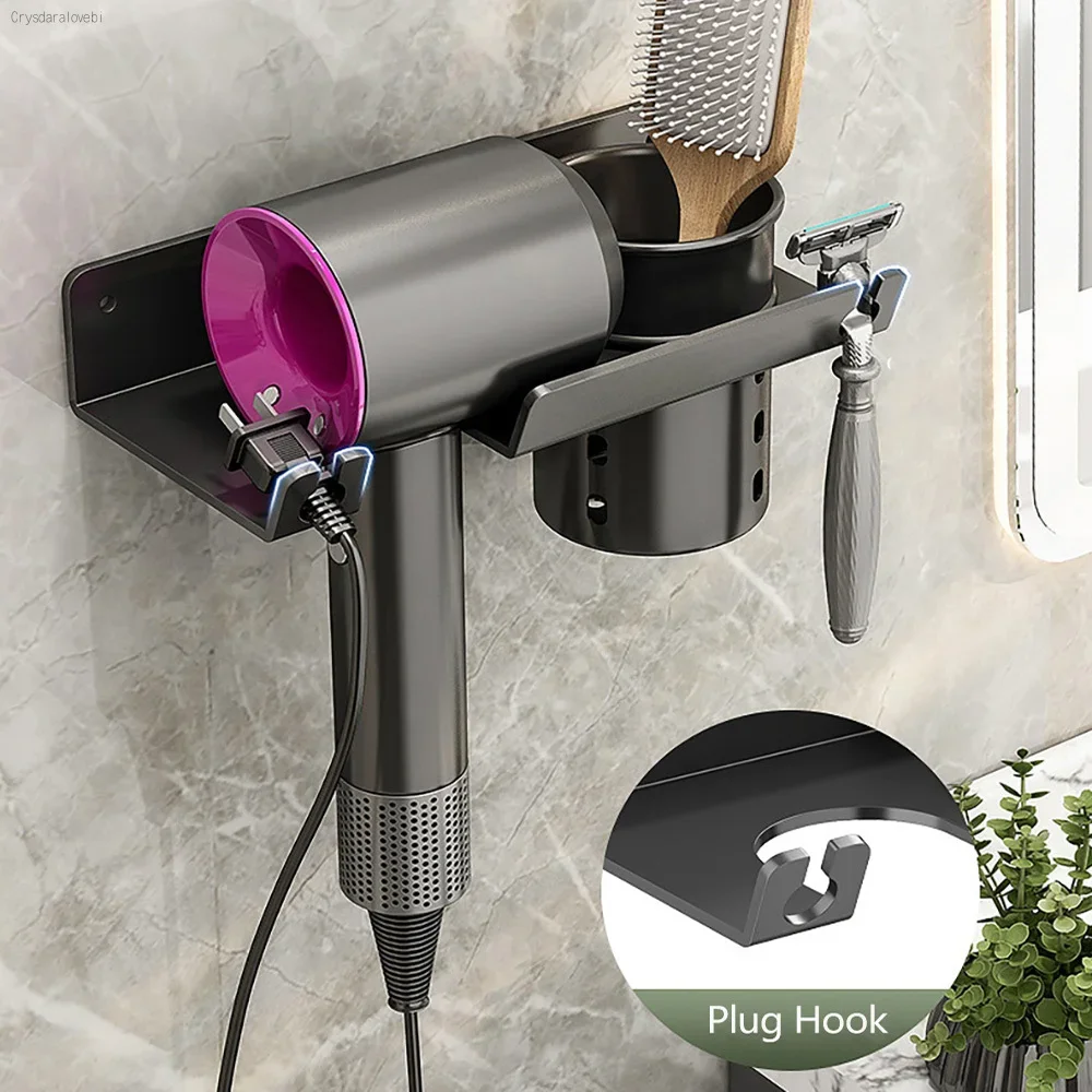 Hair Dryer Holder Wall Mounted Hairdryer Organizer With Storage Box Razor Holder Stainless Steel Bathroom Straightener Stand