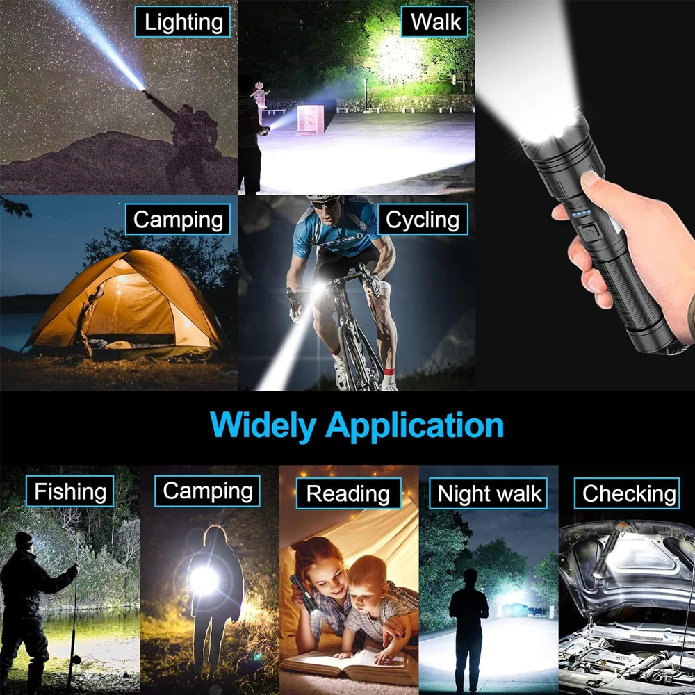 Powerful LED+COB Flashlight Zoomable 18650 Torch Type-C Rechargeable Camping Lantern Waterproof Magnetic 18650 Power Bank Light