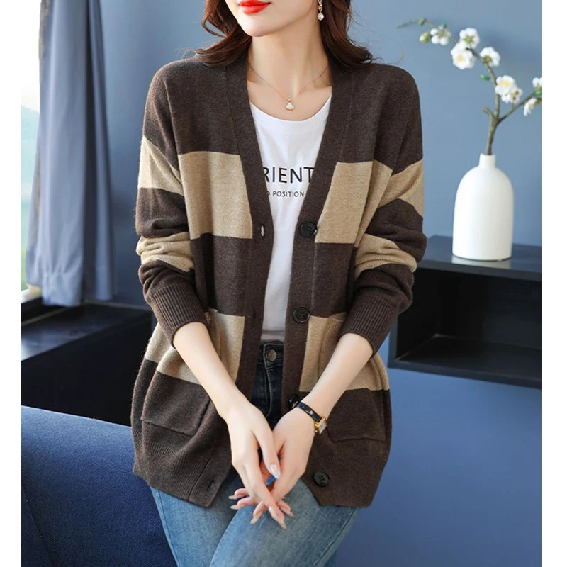 Clothes for Women 2024 Autumn Winter Vintage Striped Button Knitted Cardigan Korean Simple V Neck Long Sleeve Loose Sweater Coat