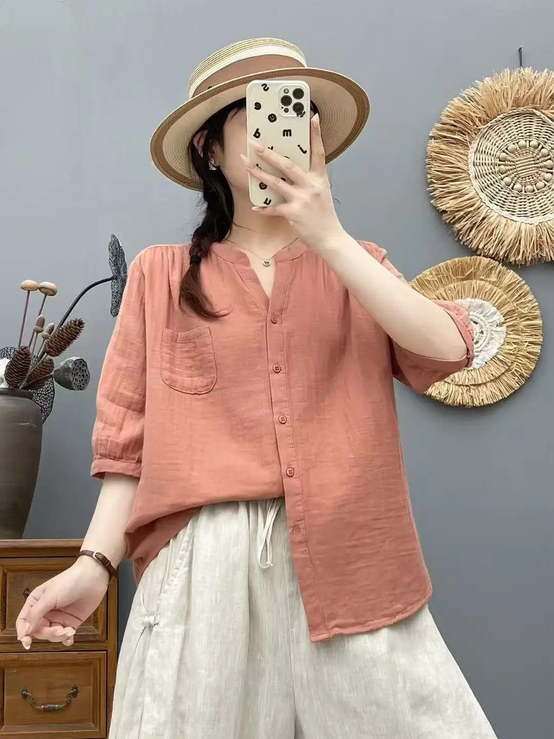 New 2025 Summer Cotton Yarn Half Sleeve Shirt, Women V Neck Pocket Solid, Mori Girl OL Versatile Casual Loose Blouse T55545CC