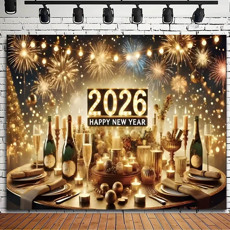 Frohes Neues Jahr 2026 Party-Hintergrund – Elegantes goldenes und schwarzes Feuerwerksdesign mit Champagner und Kerzen – Hochzeit, Geburtstag