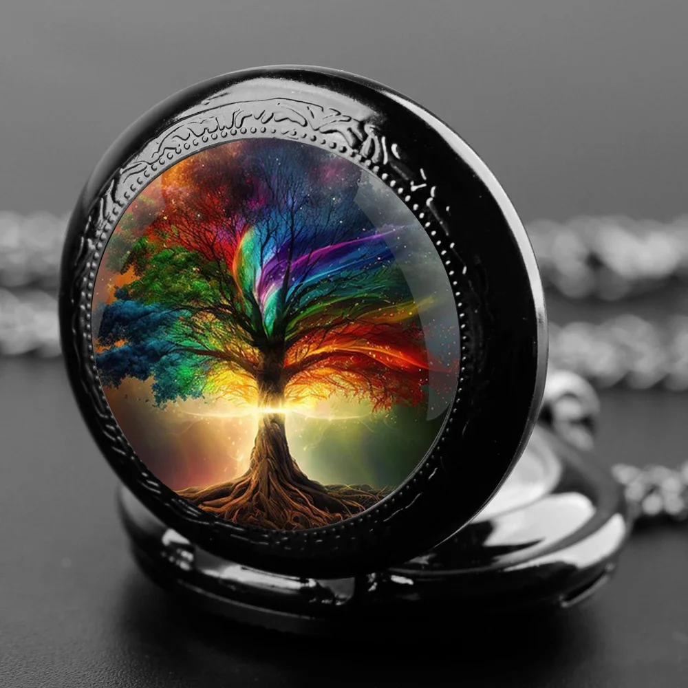 Colorful Tree Glass Dome Pocket Watch – Quartz + Durable Chain & Arabic Numerals, Unique Creative Gift