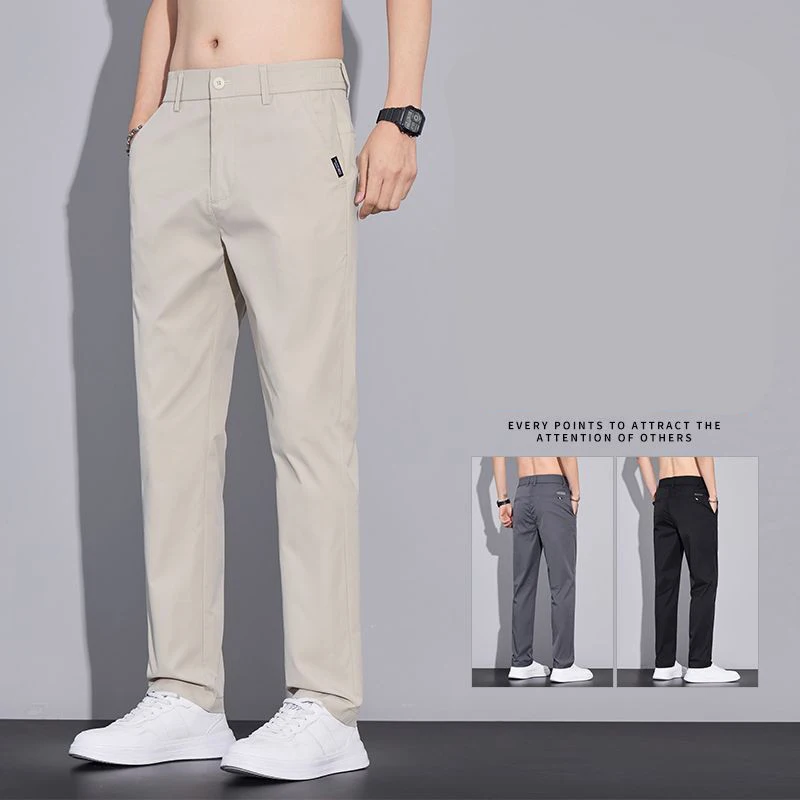 Men's Ice Silk Casual Pants Thin Breathable Elastic Business Straight Tube Trendy Match Long Pants Summer Lightweight Trousers