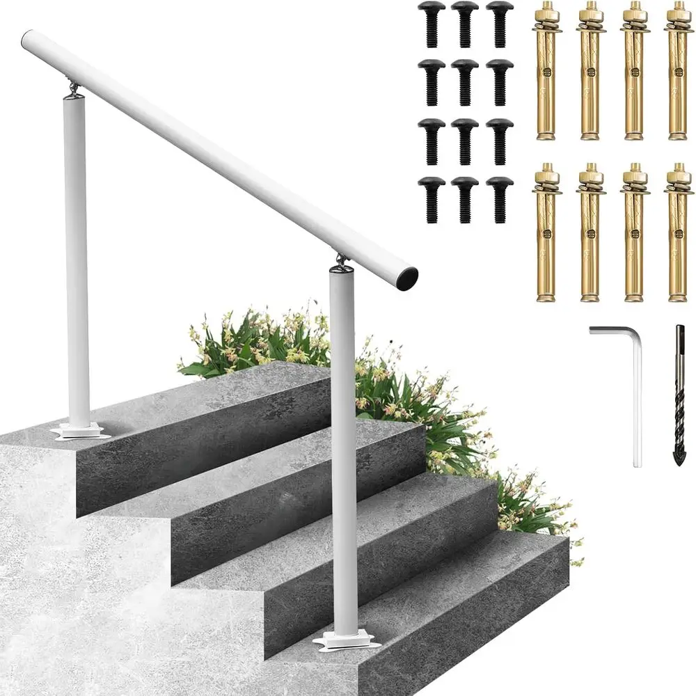 

3-4 Steps White Round Outdoor Handrail, Adjustable Staircase Railing, Thickened Porch Railing, Deck Handrail