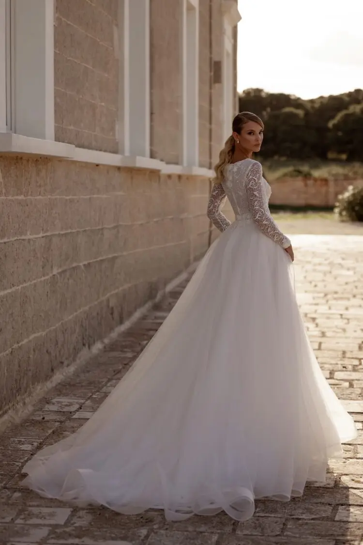 Romantic Church Wedding Dress Deep V Neck Long Lace Sleeves White Long Train Customizable