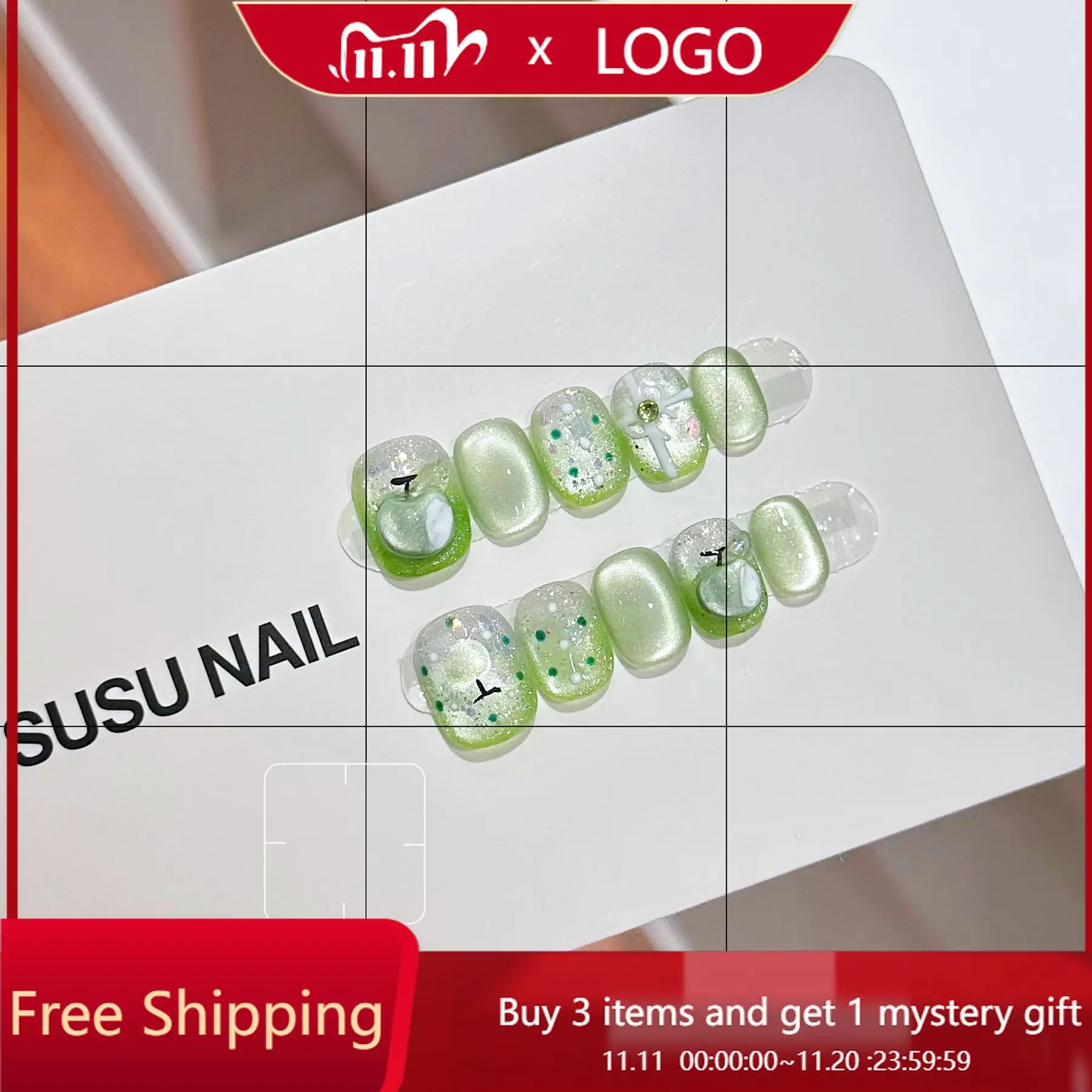 

10pcs Summer Apple Press-On Nails- Green Glossy Oval Short False Nails with 3D Fruit Designs Fake Nails for Women and Girls Wear