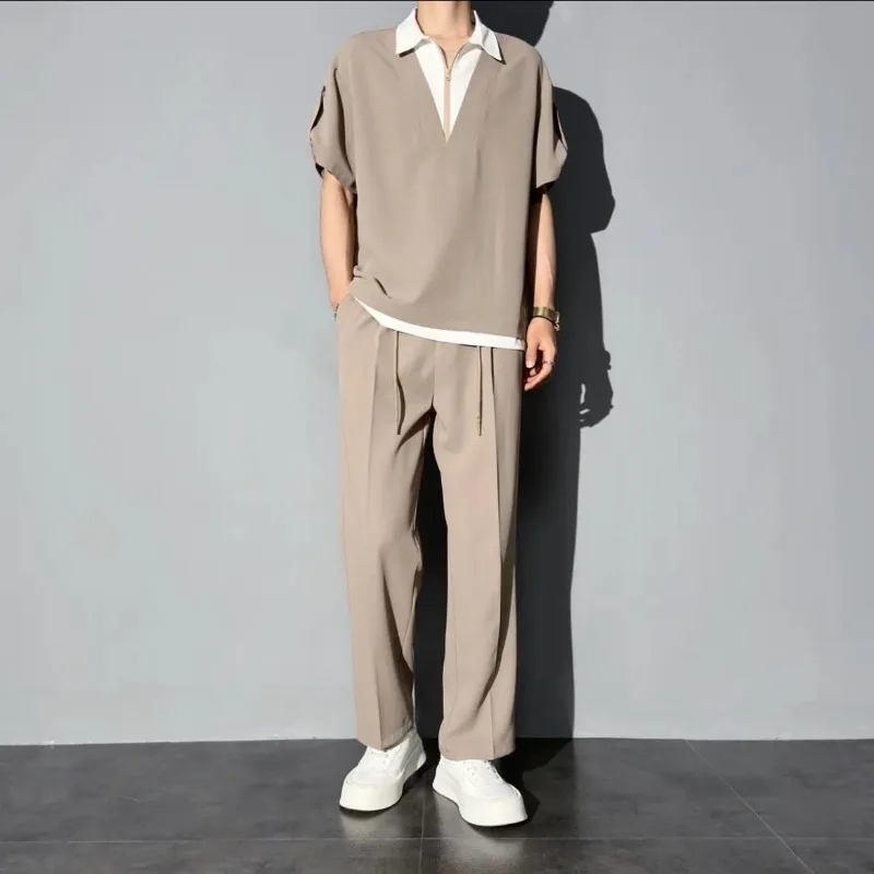 

Men's Pants Set Khaki Nylon Male T Shirt Trousers Sets Two Piece Korean Style 2025 Casual Elastic Kpop Stylish Chic Outfits Cool