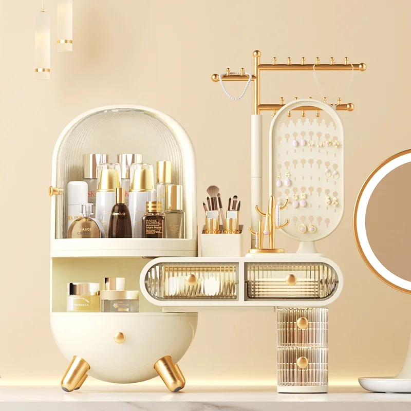 Dressing table, cosmetics storage box, desktop jewelry integrated, dust-proof, high-end feeling, home with mirror