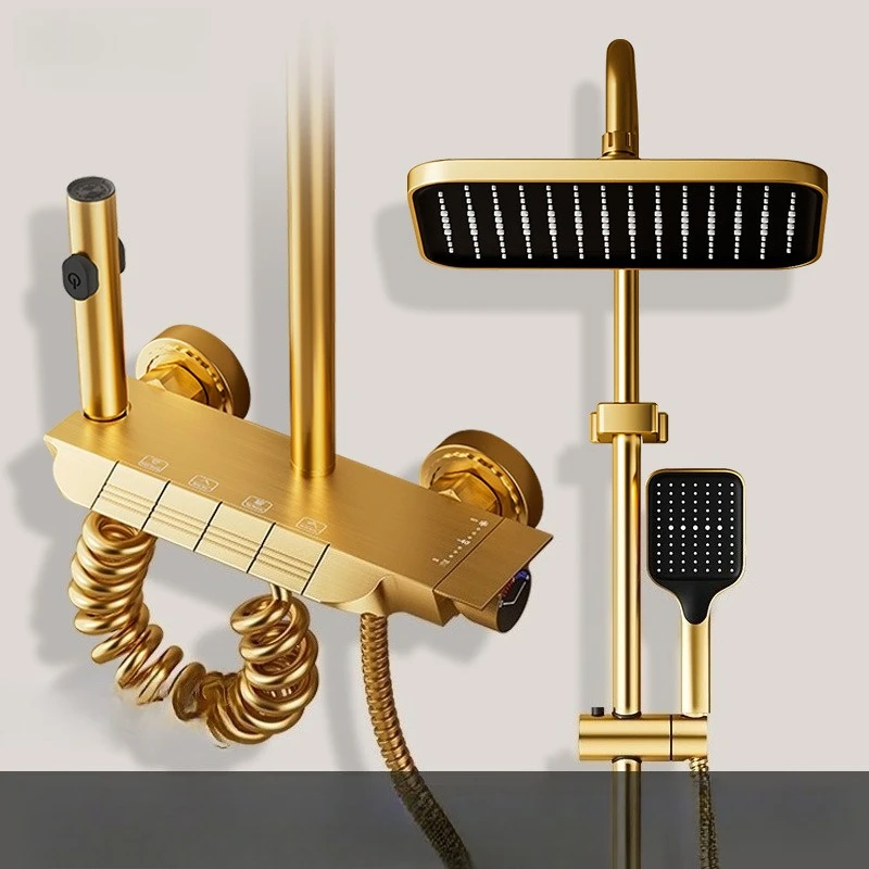 Golden 4-Speed Piano Button Shower Set, Light Luxury Complete Bathroom Pressurized Rain Shower System