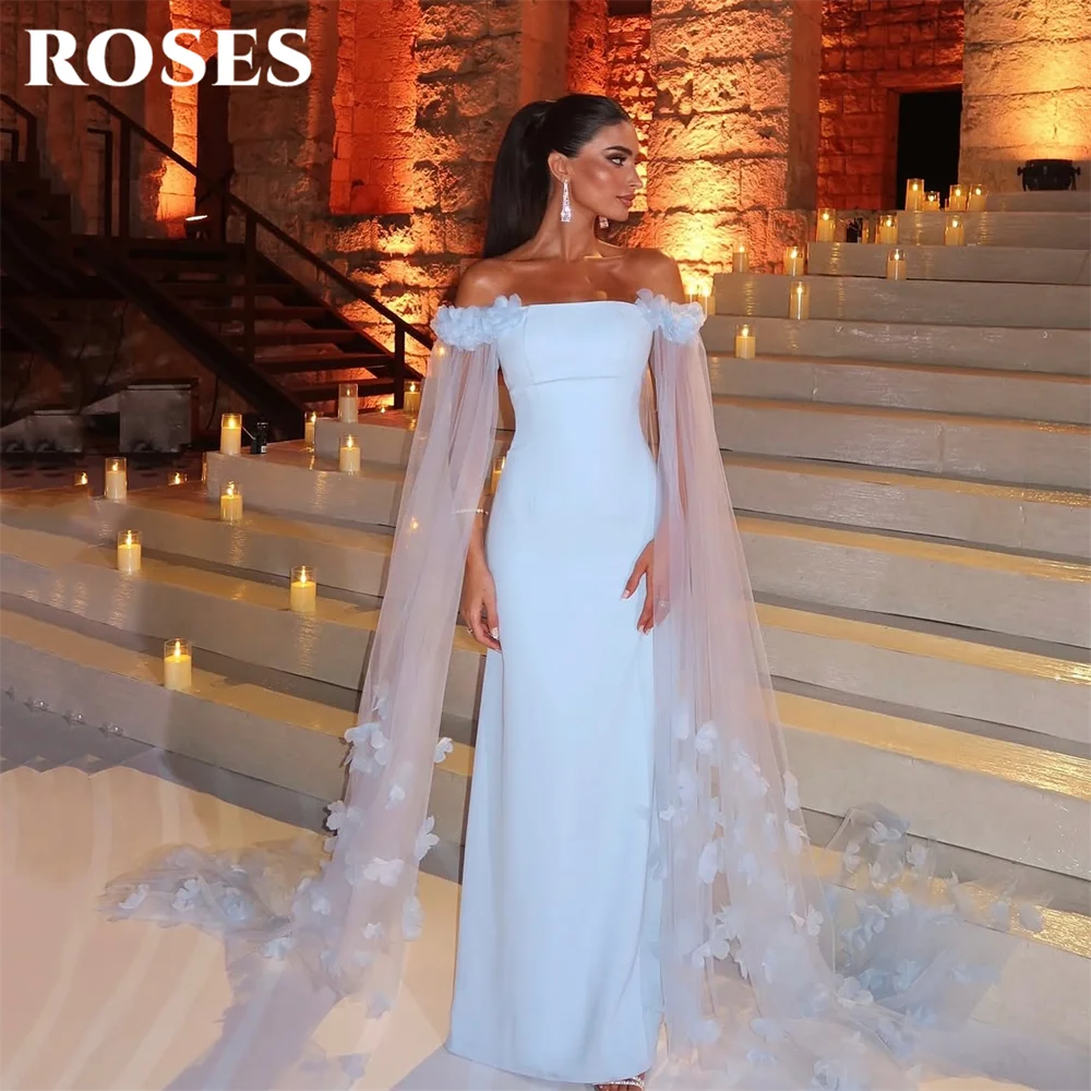 

ROSES Light Blue Evening Dress Off Shoulder Formal Gown with 3D Floral Tulle Cape Sleeves Night Dresses Prom Dresses Customized