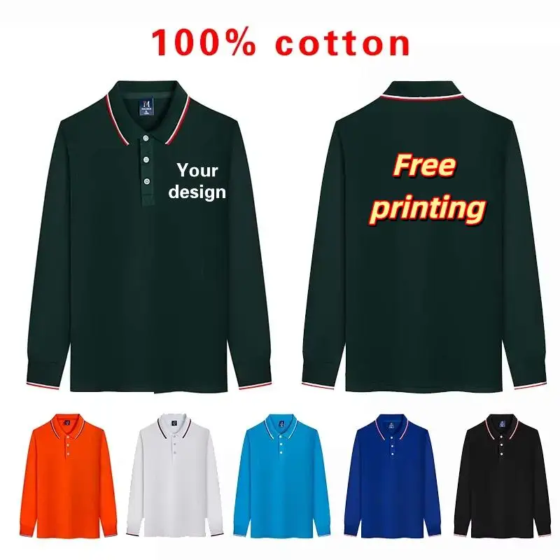 220g Men's Long Sleeves Cotton Polo Shirt Print Logo Personalized Custom Design DIY Company Group Employee Workwear Premium Tops