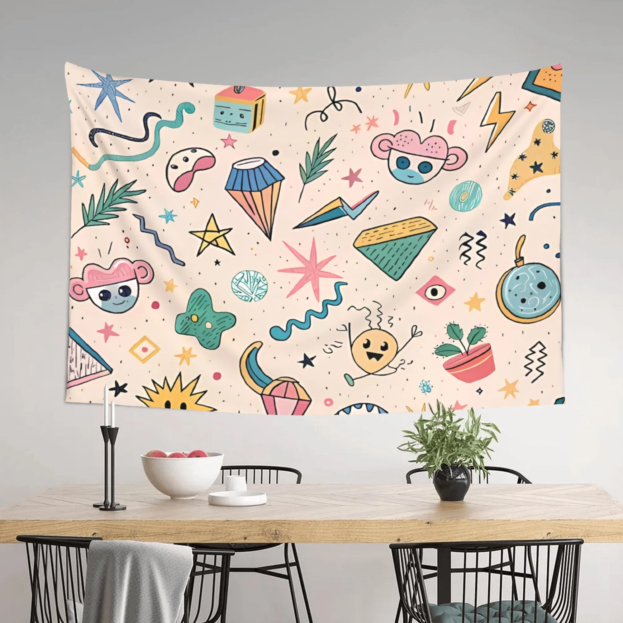 Retro Doodle Tapestry, Colorful Abstract Pattern Wall Hanging, Funky Boho Decor, Trendy Dorm Room Backdrop, Cute Art Poster